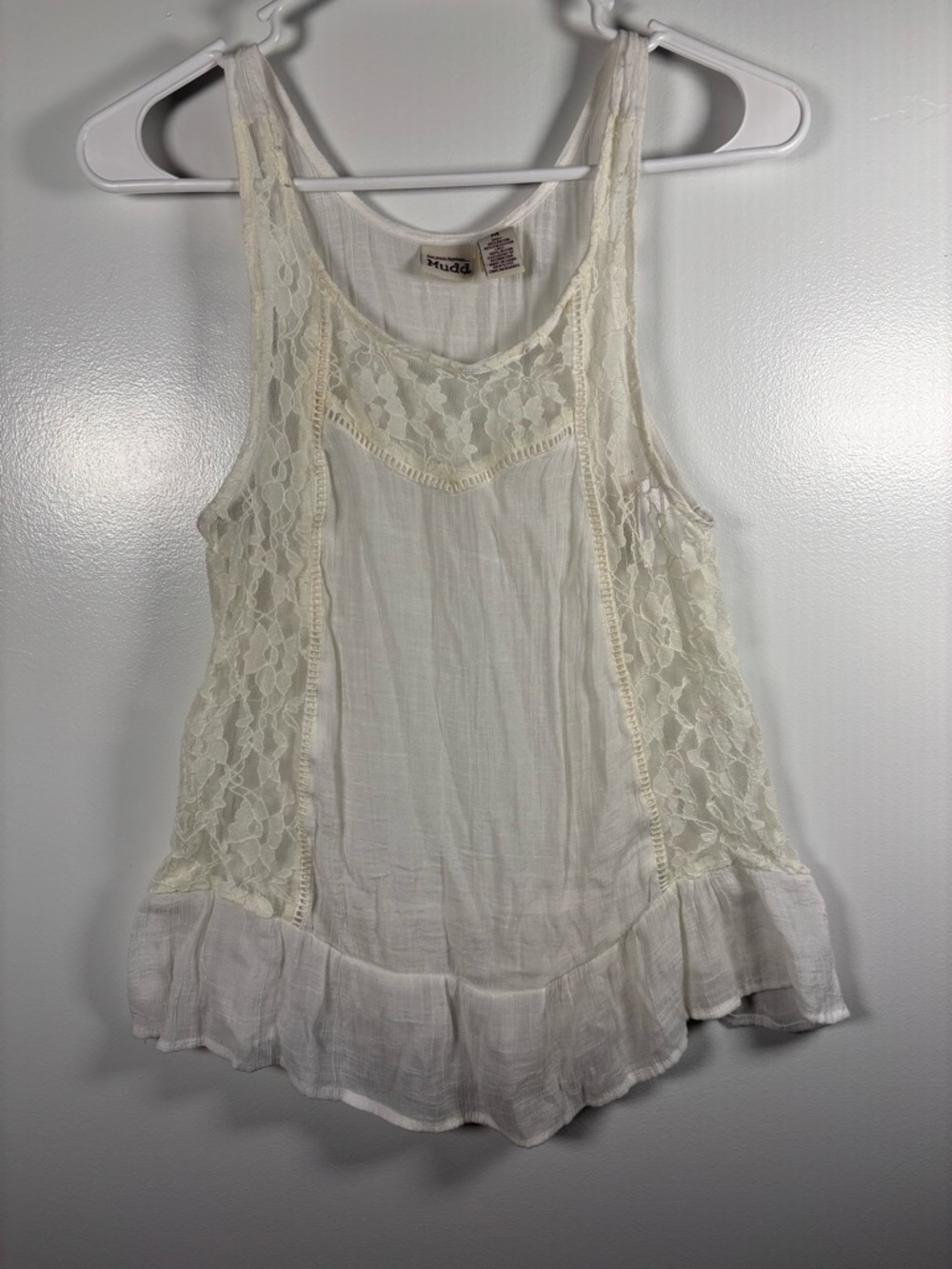 Mudd Cream/white Lace-Trim Tank Camisole Sheer